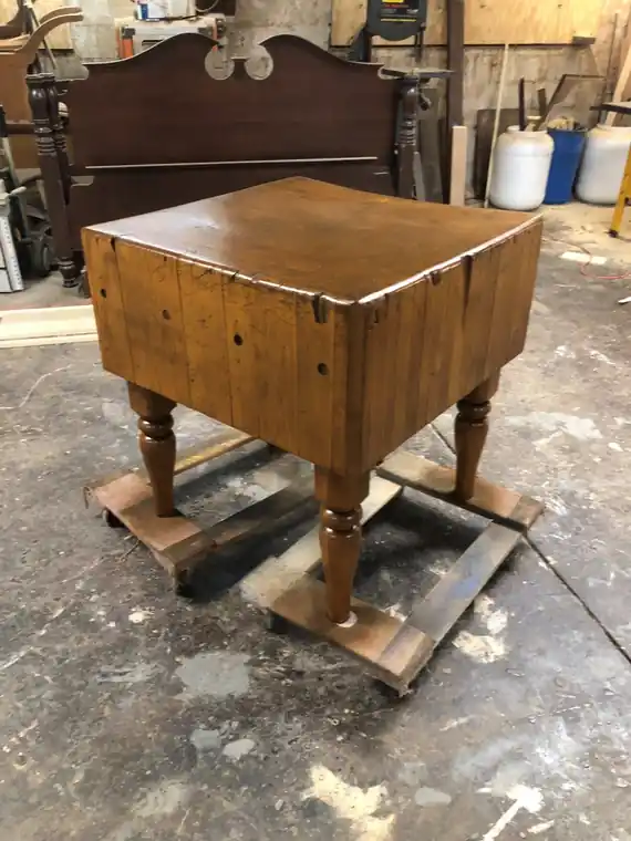 Butcher block cart after restoration, clean pale end grain