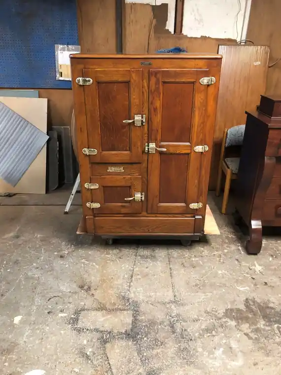 Oak icebox with nickel latches and hinges